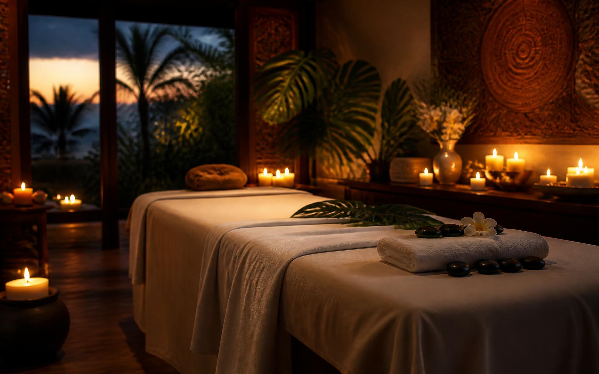 Candlelit massage room with a draped massage bed, candles and tropical flowers
